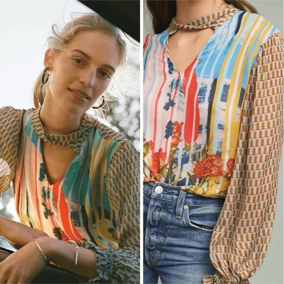 Anthropologie Conditions Apply Women’s Multi Viscose Neck Tie Semi Sheer Blouse - Picture 4 of 15